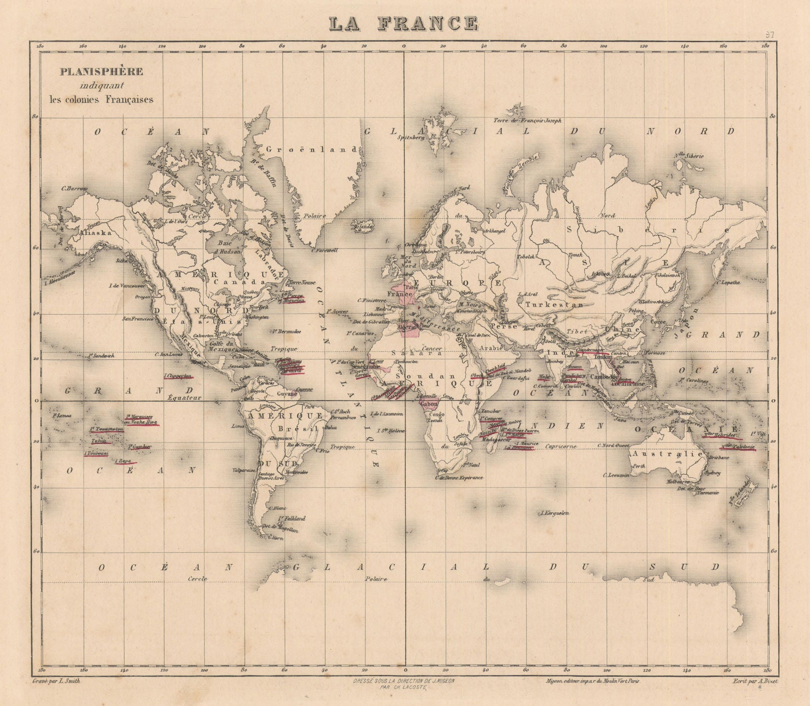 Planisphère indiquant les colonies Françaises. World + French colonies 1890 map